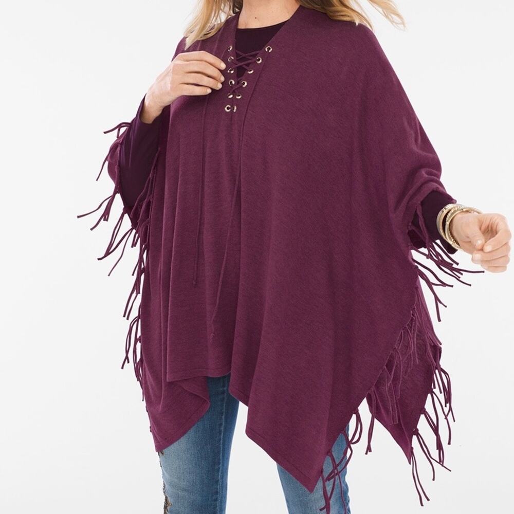 NEW Chico’s Lace Up Fringed Poncho Gold Hardware Tie Cover Up Purple One Size - Picture 8 of 9